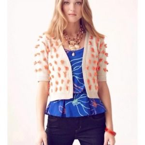Anthropologie Sparrow Beige Orange Sweater Womens Size S Pom Pom Tassle Cardigan